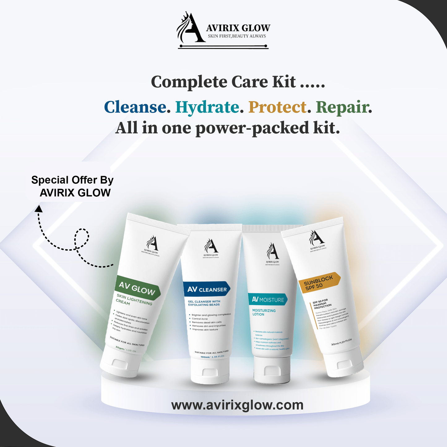 Avirix 4-in-1 Daily Skincare Kit – Cleanse, Hydrate, Glow & Protect